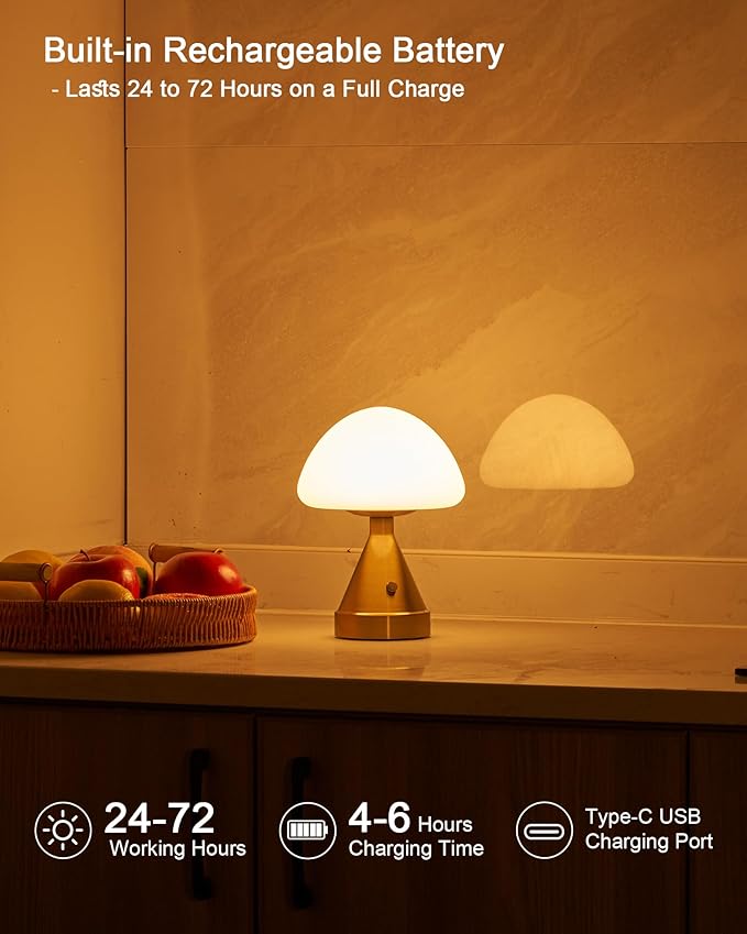 Small Cordless Mushroom Table Lamp, Mini Rechargeable Battery Powered Night Light, Touch Control Dimmable, Portable Gold Lamp for Kitchen Restaurant Dining Table Bathroom Patio
