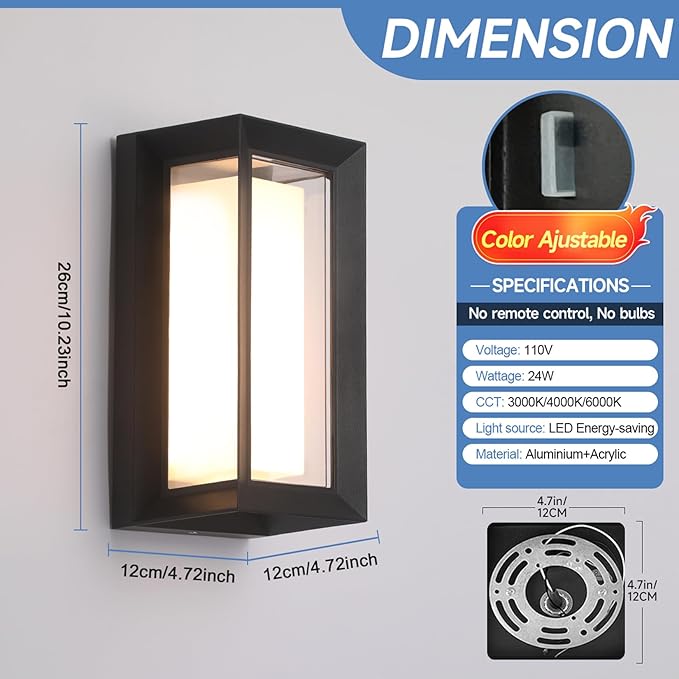 4 Pack Outdoor Wall Lights Exterior/Interior LED 24W Adjustable 3-Color 2100LM IP65 Sconces Lights Waterproof Modern Outdoor Porch Lighting Fixtures Aluminum Wall Lights Compatible with Dimmers