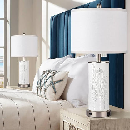 Ceramic Beautifully Engraved Decorative 25" Table Lamps Set of 2 with Nightlight,E26 Socket&Rotary Switch,USB A+C Ports,Modern Bedside Lamps for Nightstand,Bedroom(Bulbs Included)