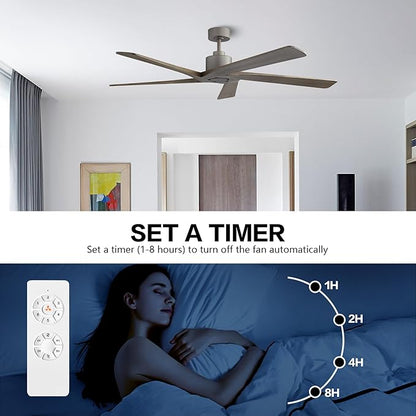 WINGBO 54 Inch DC Ceiling Fan without Lights, 5 Reversible Carved Solid Wood Blades, 6-Speed Noiseless DC Motor, Ceiling Fan No Light with Remote, Graphite Finish with Gray Blades, ETL Listed