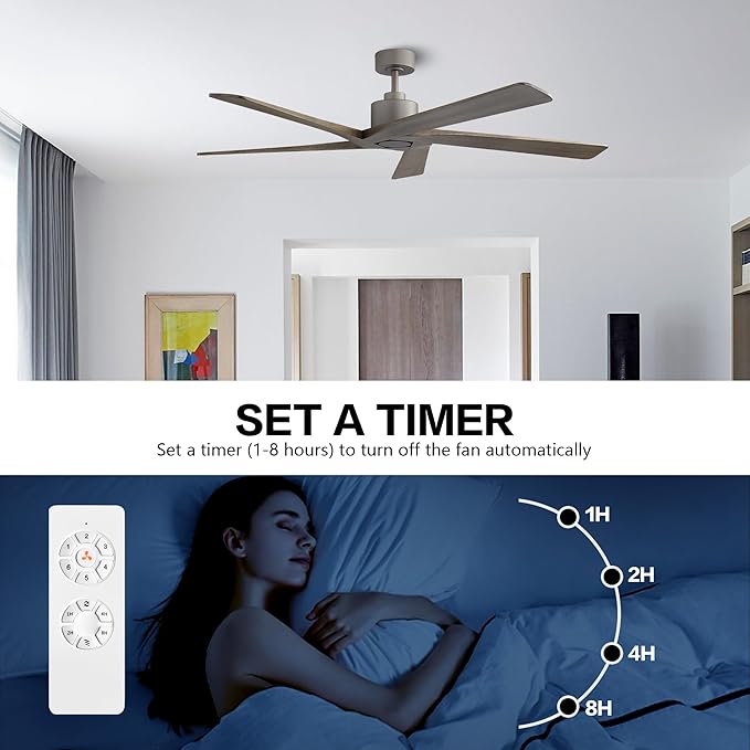 WINGBO 72 Inch DC Ceiling Fan No Light with 3 Downrods, 5 Reversible Carved Solid Wood Blades, 6-Speed Noiseless DC Motor, Ceiling Fan without Lights in Graphite Finish and Gray Blades, ETL Listed