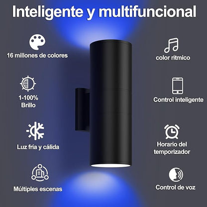 Smart Outdoor Up Down Wall Light, Bluetooth App & Remote Controlled Color Changing Porch Sconce, RGBCW LED 2700K-6500K Tunable White, Dimmable Waterproof Exterior Wall Light for House