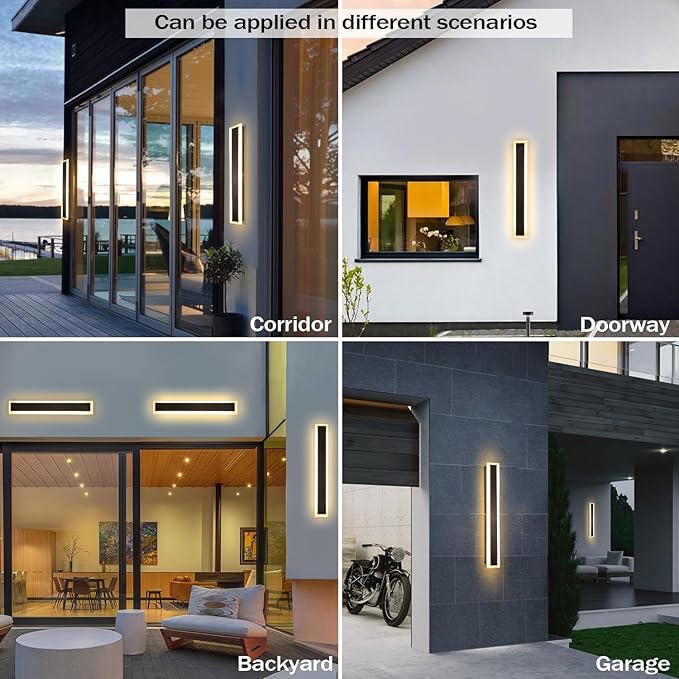 2 Pack 24 Inch Outdoor Porch Wall Lights, 3000K Modern LED Exterior Wall Sconce, Long LED Linear Outdoor Lights for Garage Doorway Patio Stairway