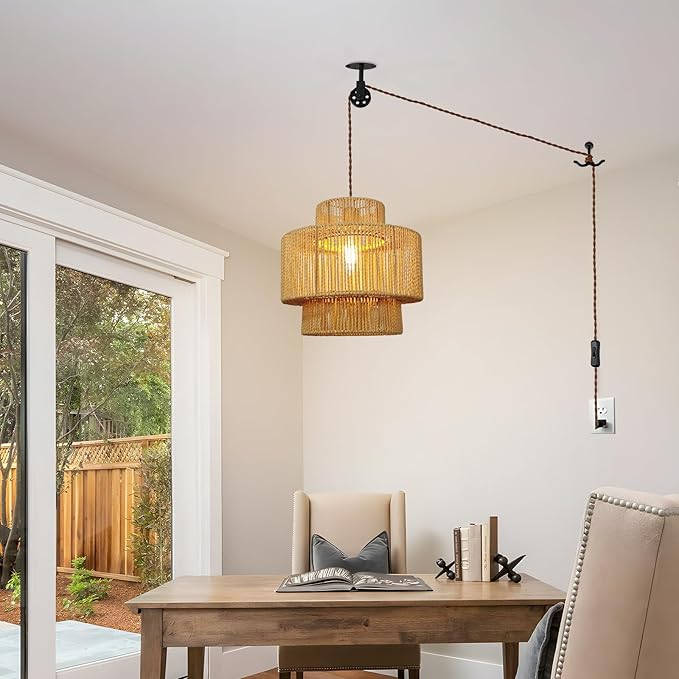 Boho Rattan Lamp Shades for Pendant Light Chandelier Floor Lamps Replacement,Rustic 3-Tier Drum Lamp Shade with Hand-Woven Rattan for Living Room Kitchen Dining Room Office Hotel.