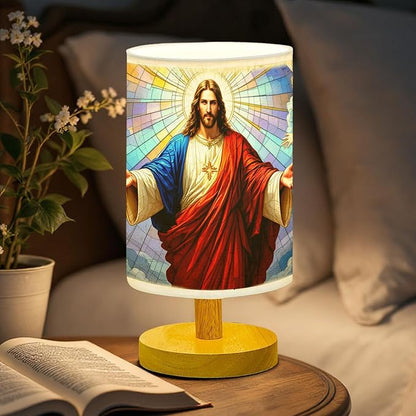 Jesus Blessing Table Lamp LED 3-Color Pressed Bedside, Jesus Blessing Shade Lamp with Wood Base for Bedroom Living Room Desk Office TL01