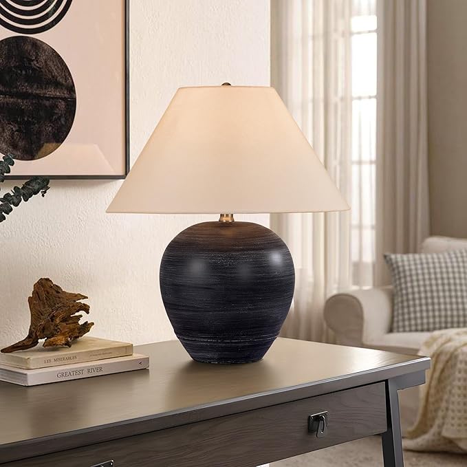 Farmhouse Ceramic Table Lamp, 18" Rustic Table Lamp with Linen Shade, Bedside Nightstand Lamps for Bedroom, Living Room, E26 Socket, Black with White Striped
