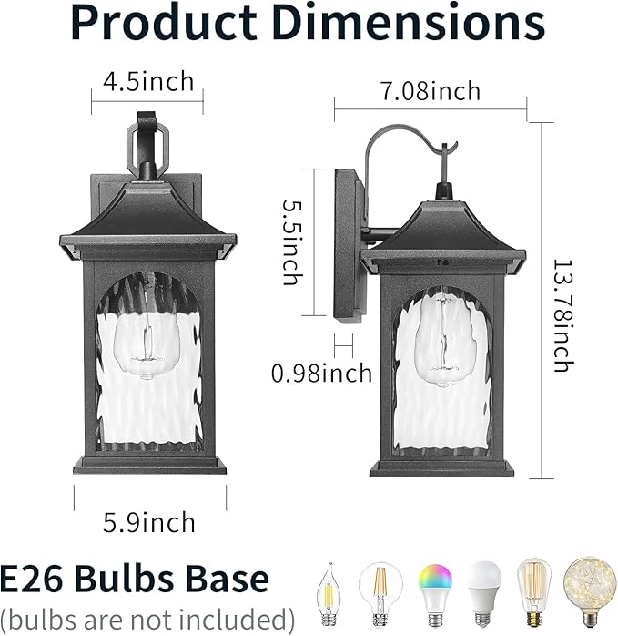 Porch Lights Outdoor Light Fixtures Wall Mount, 13.78 Inch Black Exterior Light Fixtures with Water Ripple Glass, Modern Outdoor sconces Wall Lighting Fixture for Patio House Garage, 2 Pack