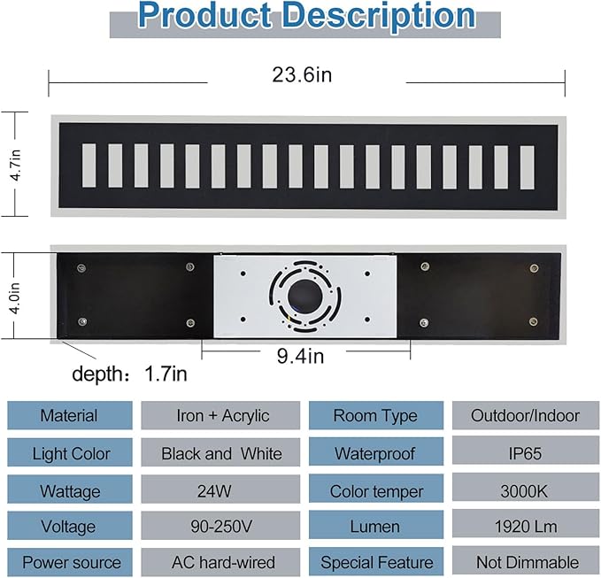 Modern Outdoor Wall Light,24W LED 3000K Black Exterior Lighting Fixture,23.6in Waterproof Acrylic Porch Sconce for Patio,Garage,Courtyard