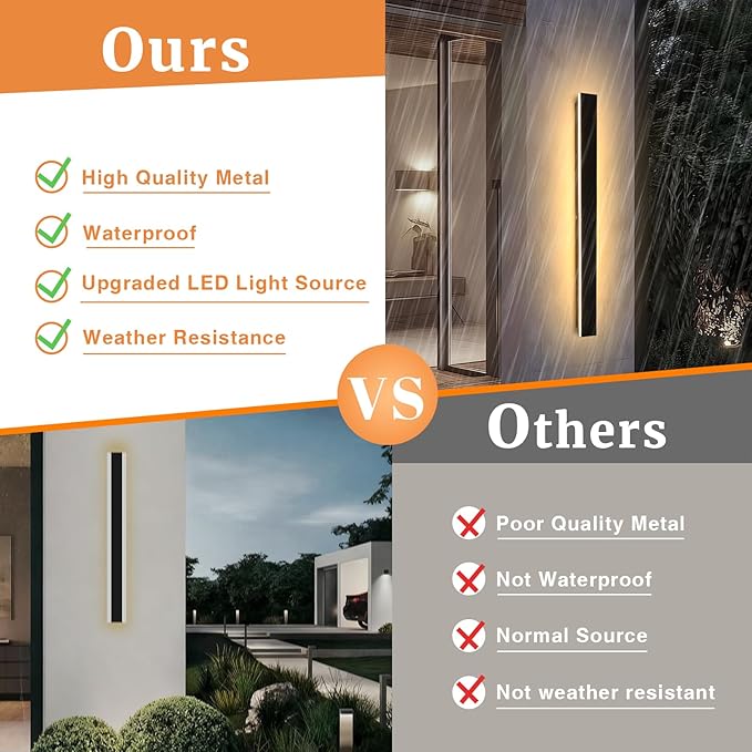 2 Pack Modern Outdoor Wall Lights 47.2 Inche 3000K LED Outdoor Wall Light for House Exterior Wall Garage Entrance Lighting Fixtures IP65 Long Strip Wall Sconces for Doorway Patio Passage