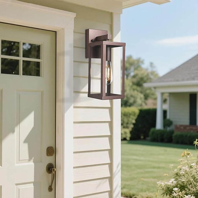 Outdoor Wall Light with Clear Glass, Anti-Rust Exterior Wall Sconce, Weather Resistant Outdoor Lantern, Exterior Lighting for Porch, Patio, Garage, Entryway (Oil-Rubbed Bronze, 13" Height-2 Pack)
