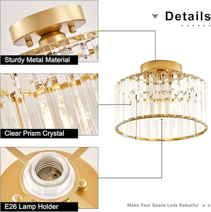 Crystal Gold Semi Flush Mount Ceiling Light Modern Hallway Light Fixture Metal Close to Ceiling Lamp for Kitchen Living Room Bathroom Entryway Bedroom(10.63 inch)