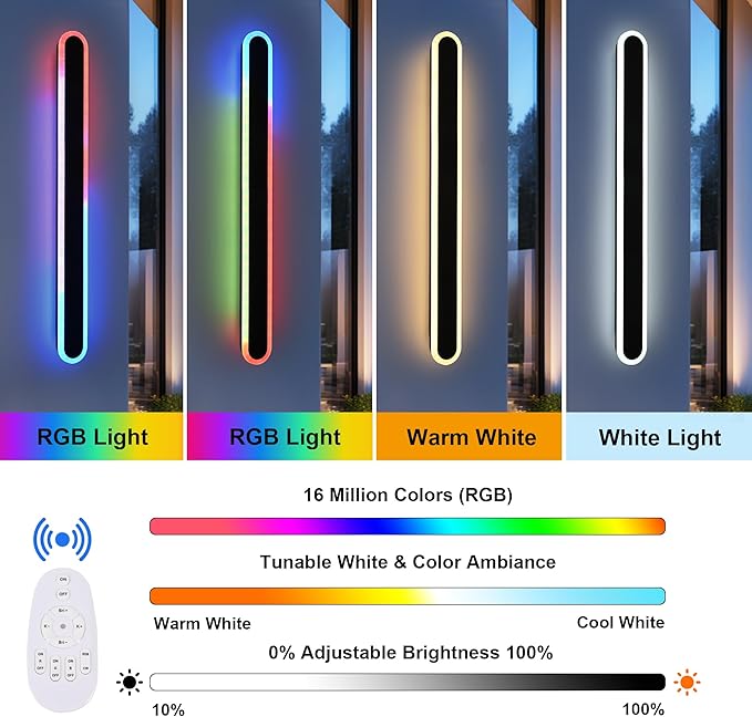 TODOLUZ 2-Pack 60-Inch RGB Long Linear Outdoor Wall Light Fixture, IP65 Waterproof 36W Dimmable LED Wall Sconce Lighting with Remote Control for Garage Doorway