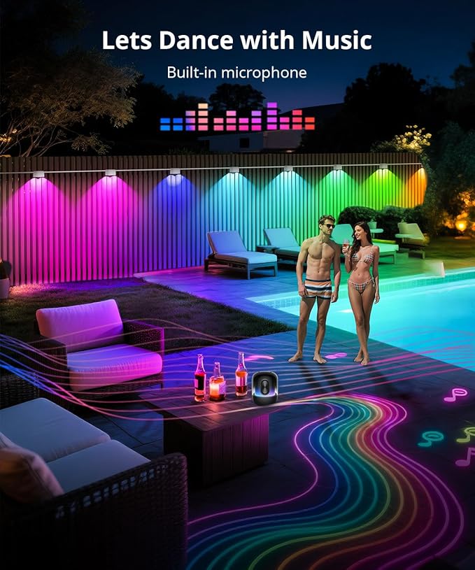 Outdoor Deck Lights 16 Packs, Smart RGBCW Fence Light, 100+ Scene Modes, Dual Lens LED String Lights with APP/Voice/Remote Control, IP65 Waterproof for Halloween Christmas Decor, 105ft White