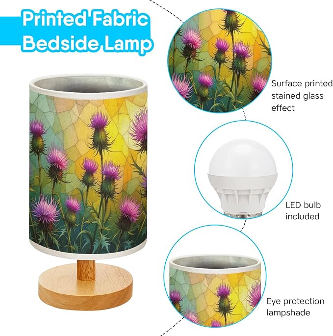 Thistle Table Lamp LED 3-Color Pressed Bedside, Thistle Shade Lamp with Wood Base for Bedroom Living Room Desk Office