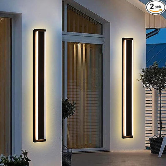 MELUCEE 2 Pack 48 Inch Outside Wall Lights for House 5 Color Dimmable Modern Long Strip LED Outdoor Wall Lights Fixture Black Linear Exterior Sconce Wall Mount Lighting for Balcony Porch Garage Stair