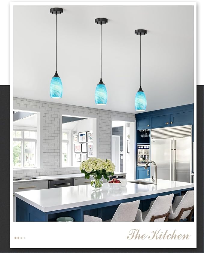 ANYLOVE Vintage Art Lake Blue Stripe Pendant Lighting,1-Pack Hand Glass Hanging Light Fixture,Adjustable Cord for Kitchen,Hallway,Dining Room