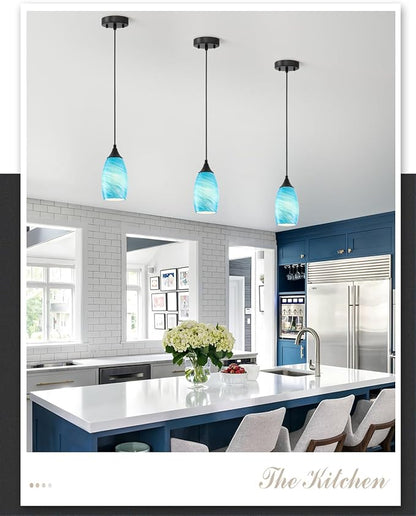 ANYLOVE Vintage Art Lake Blue Stripe Pendant Lighting,1-Pack Hand Glass Hanging Light Fixture,Adjustable Cord for Kitchen,Hallway,Dining Room