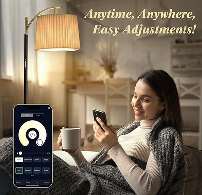 Etto Modern Dimmable Floor Lamp with Fabric & Pleated Shades, Remote & Touch Control, Adjustable Brightness & Color Temperatures, Tall Standing Lamp for Living Room Bedroom Office (Black Gold)