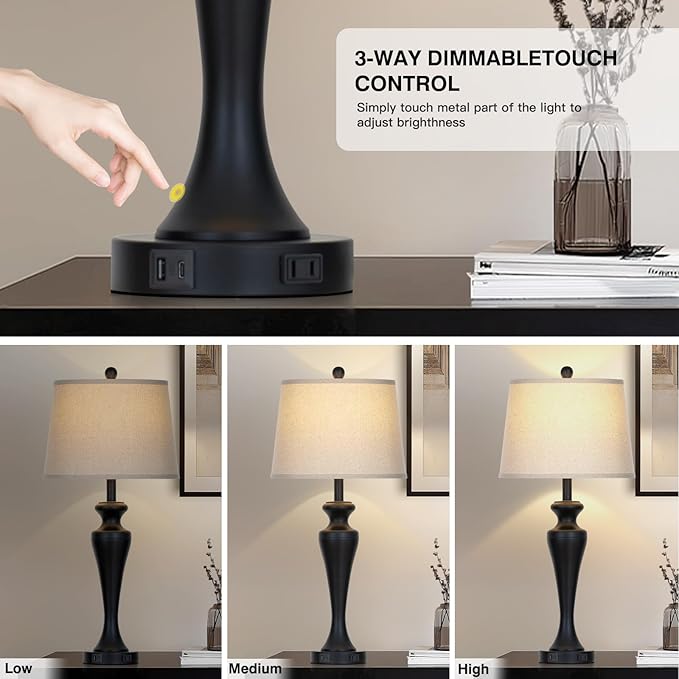 30" Black Table Lamps for Living Room, 3-Way Dimmable Touch Bedside Lamp with USB A+C Ports and AC Outlet, Tall Bedroom Lamps Set of 2, Modern Metal Nightstand Lamps for Desk Side Table Office