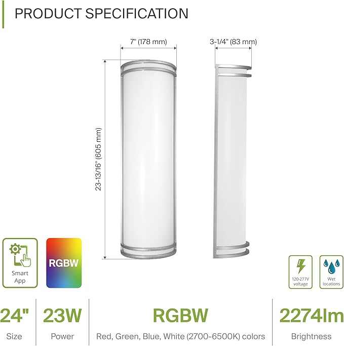 ASD 24 Inch Smart RGBW LED Outdoor & Indoor Wall Mount Light Fixture - Nickel RGB Wall Sconce Exterior Lighting - 120-277V 23W 2700-6500K Dimmable, Remote Control, Alexa - Front Door, Patio ETL 2 Pack