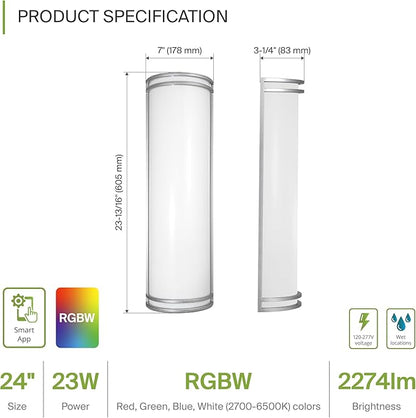ASD 24 Inch Smart RGBW LED Outdoor & Indoor Wall Mount Light Fixture - Nickel RGB Wall Sconce Exterior Lighting - 120-277V 23W 2700-6500K Dimmable, Remote Control, Alexa - Front Door, Patio ETL 2 Pack