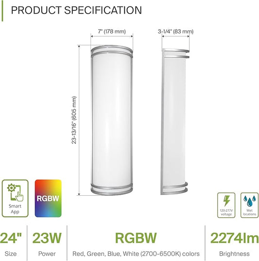 ASD 24 Inch Smart RGBW LED Outdoor & Indoor Wall Mount Light Fixture - Nickel RGB Wall Sconce Exterior Lighting - 120-277V 23W 2700-6500K Dimmable, Remote Control, Alexa - Front Door, Patio ETL 2 Pack