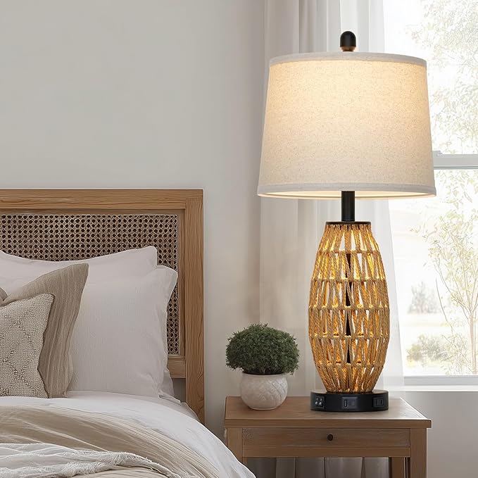27" Boho Rattan Table Lamp Single, Wicker Bedroom Lamp with Night Light, Woven Coastal Bedside Lamps for Nightstand with USB A+C Charging Port & AC Outlet, Farmhouse Lamps for Living Room