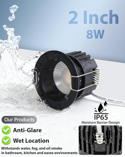 Adetu 2 Inch 5CCT Black Anti-Glare LED Downlight with Junction Box, 2700K/3000K/4000K/5000K Selectable, CRI90+, 8W COB, 840LM, IP65 Waterproof, Dimmable-ETL and Energy Star Certified (Black,6 Pack)