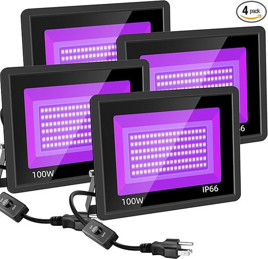 4 Pack 100W LED Black Lights, Blacklight Flood Light with Plug and Switch, IP66 Waterproof Blacklight for Halloween Party, Glow in The Dark, Stage Light, Body Paint, Neon Glow