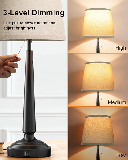 22'' Table Lamps for Living Room Set of 2: Farmhouse Vintage Lamps for Night Stands, Skinny Table Lamp with USB C+A Ports, 3-Way Dimmable Bedroom Lamp with Fabric Linen Lampshade, LED Bulbs Included