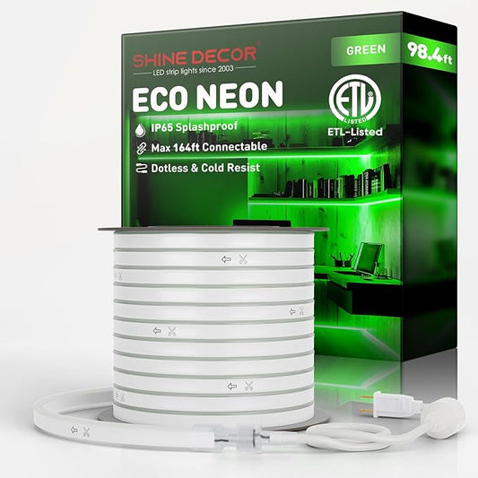 Shine Decor LED Rope Lights AC 120V, Connectable & Cuttable Dotless 120LEDs/M Eco Neon Strip Lighting, ETL IP65 Waterproof & Weather-Resistant for Home Commercial, 8x16mm, Green, 98.4FT