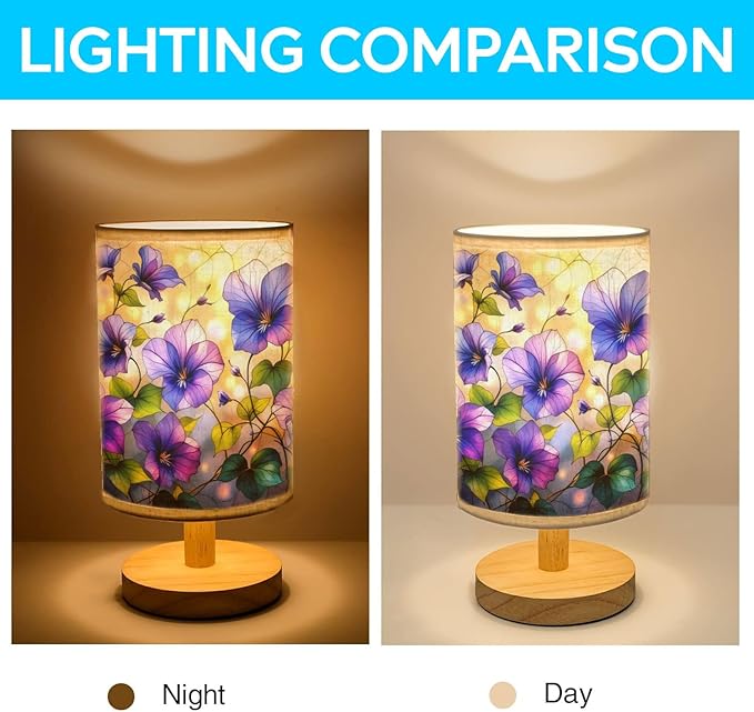 Violet Table Lamp LED 3-Color Pressed Bedside, Violet Shade Lamp with Wood Base for Bedroom Living Room Desk Office