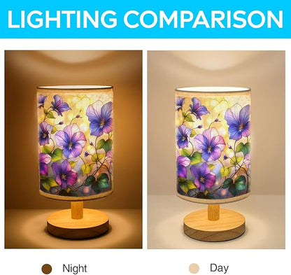 Violet Table Lamp LED 3-Color Pressed Bedside, Violet Shade Lamp with Wood Base for Bedroom Living Room Desk Office