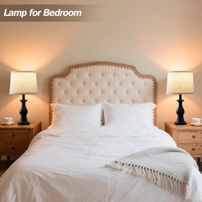Vintage Table Lamp for Living Room Bedroom, 18.5" Farmhouse Bedside Lamps Nightstand Lamp Set of 2, Table Lamps with Oatmeal Linen Lamp Shades, 2 LED Bulbs Included, Black