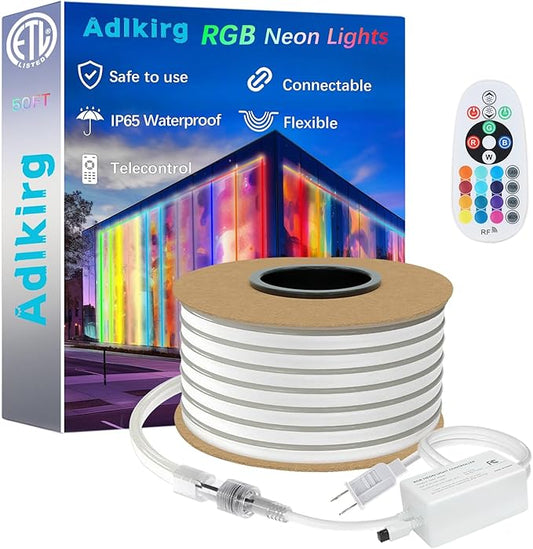 50FT RGB Neon Rope Lights with Remote,120V ETL Led Strip Lighting,Expandable Commercial Grade IP65 Waterproof Plug-in Led Rope Lights with Dimmable Power Adapter for Outdoor,Indoor Using