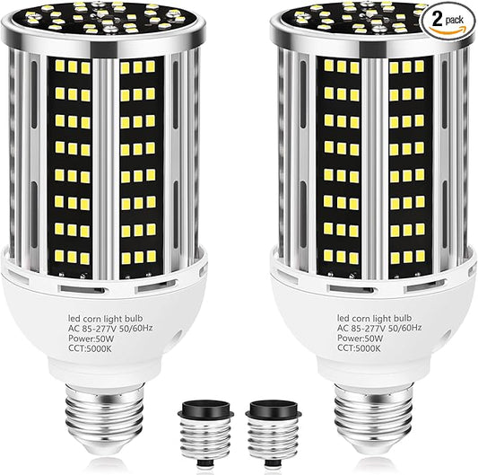 50W 2 Pack LED Corn Light Bulb,5000K Daylight 6500LM(500W Equivalent) Commercial GradeE26/E39 Medium Mogul Base LED Lamp,Large Area Lights for Outdoor Indoor Garage Warehouse Factory Bay Light