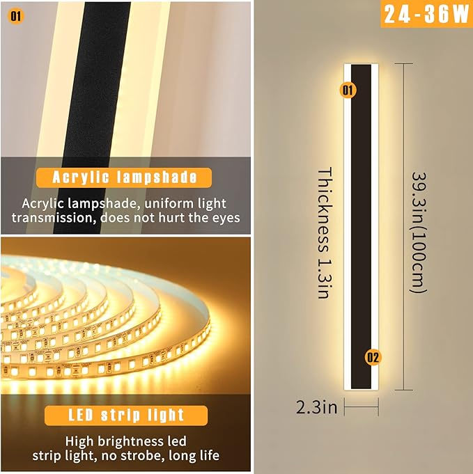 Modern 39inch Outdoor Wall Light, 3000k/4500k/6000k 3 Color Change Black Exterior Light Fixtures Wall Mount, Ip65 Waterproof Modern Porch Lights Wall Sconce, Long Linear Outside Lighting Hard-Wired