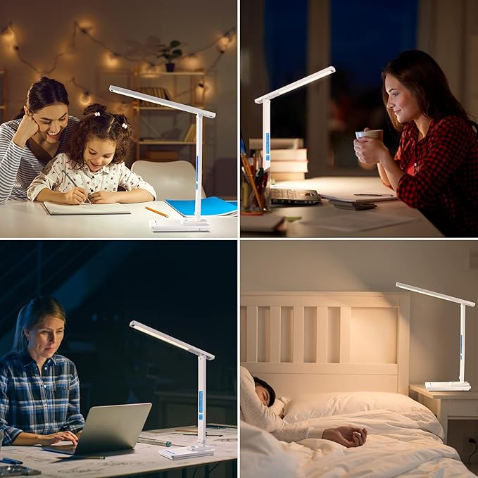 LAOPAO LED Desk Lamp with Wireless Charger: Desk Lamps for Home Office Bedroom, 5 Color Modes & Brightness Dimmable, 2 Night Light