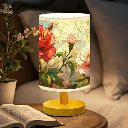 Carnation Table Lamp LED 3-Color Pressed Bedside, Carnation Shade Lamp with Wood Base for Bedroom Living Room Desk Office