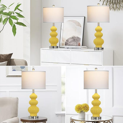 Triple Gourd Ceramic Table Lamps Set of 2, Modern Yellow Bedside Lamps with USB A+C Ports & AC Outlet, 3 Way Touch Control Contemporary Nightstand Lamps for Bedroom Living Room