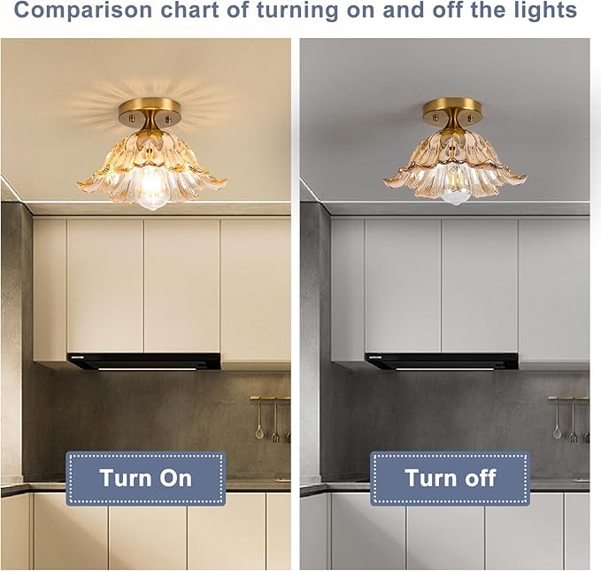Semi Flush Mount Ceiling Light, Vintage Ceiling Light E26,Amber Shade Glass Hallway Light Fixture for Kitchen Porch Bedroom,Bulb Included 3000K