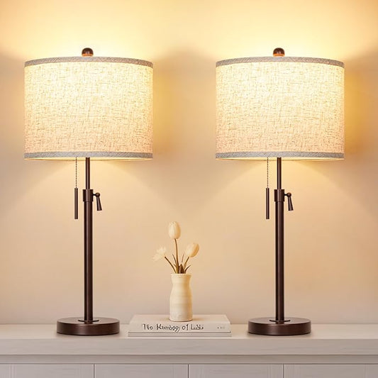 Table Lamps for Bedrooms Set of 2, 22" to 30" Height Adjustable Nightstand Lamps with Linen Shade, Pull Chain Switch Lamps for Living Room, 3 Way Dimmable Beside Lamp