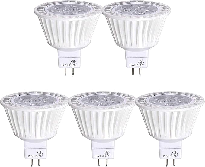 Bioluz LED 5 Pack MR16 50 Watt Halogen Equivalent Dimmable Bulb uses 7W, Halogen 3000K 12V AC/DC, UL Listed, High CRI for Low Voltage Recessed Lights, Track Lights and Landscape Fixtures.