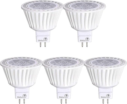 Bioluz LED 5 Pack MR16 50 Watt Halogen Equivalent Dimmable Bulb uses 7W, Halogen 3000K 12V AC/DC, UL Listed, High CRI for Low Voltage Recessed Lights, Track Lights and Landscape Fixtures.