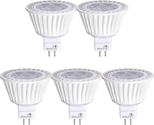 Bioluz LED 5 Pack MR16 50 Watt Halogen Equivalent Dimmable Bulb uses 7W, Halogen 3000K 12V AC/DC, UL Listed, High CRI for Low Voltage Recessed Lights, Track Lights and Landscape Fixtures.