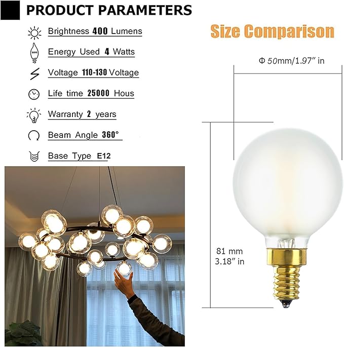 E12 LED Bulb Dimmable 4W Equal Warm White 2700K G16.5 Frosted Candelabra Bulb 40 watt for Chandeliers,Ceiling Fan,Pendant,Wall sconces AC120V 400LM CRI 95 Light Bulb 6Pack