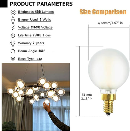 E12 LED Bulb Dimmable 4W Equal Warm White 2700K G16.5 Frosted Candelabra Bulb 40 watt for Chandeliers,Ceiling Fan,Pendant,Wall sconces AC120V 400LM CRI 95 Light Bulb 6Pack