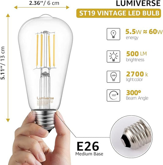 ST19 Dimmable LED Edison Bulb, 5.5W (60W Equivalent) 500LM, CRI 95+, 2700K Soft White, E26 Medium Base, Vintage Filament, Clear Glass, Standard Type A Lamp for Kitchen, Bathroom, Bedroom, 4 Pack