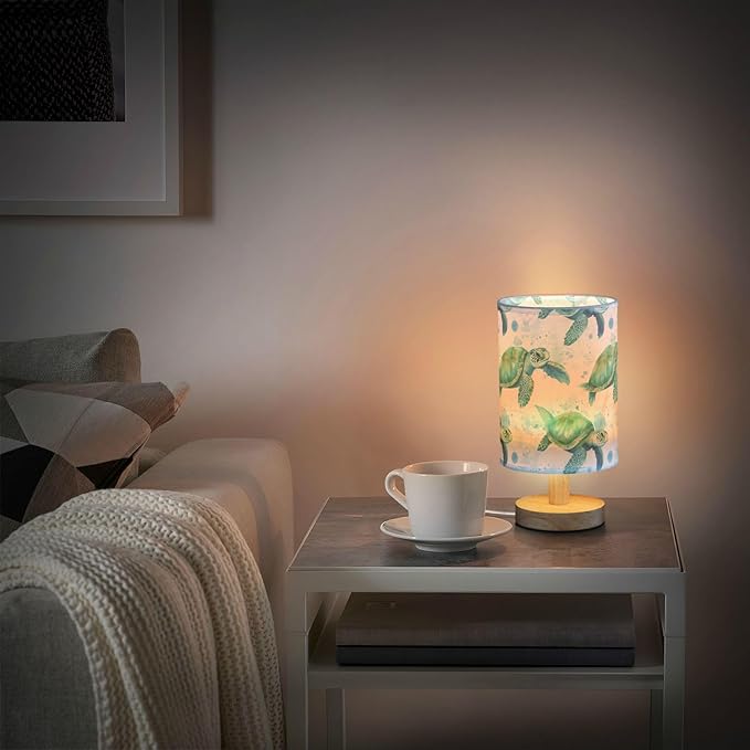Bedside Lamp Sea Turtles Teal Table Lamp for Bedroom LED Nightstand Lamp Shade USB Ports Wood Base for Living Room Dorm Office