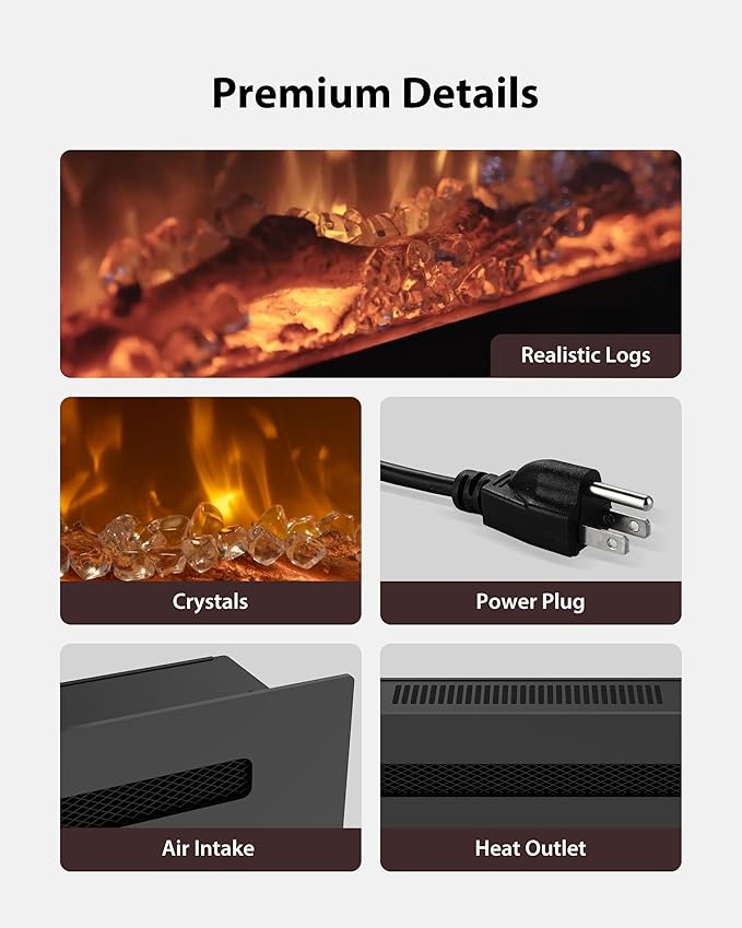 EUHOMY 72 Inch Electric Fireplace Wall Recessed and Wall Mounted with Adjustable Flame Color, Fireplace Heater with Remote Control, Linear Fireplace with Timer, Touch Screen, Log & Crystal, 750/1500W
